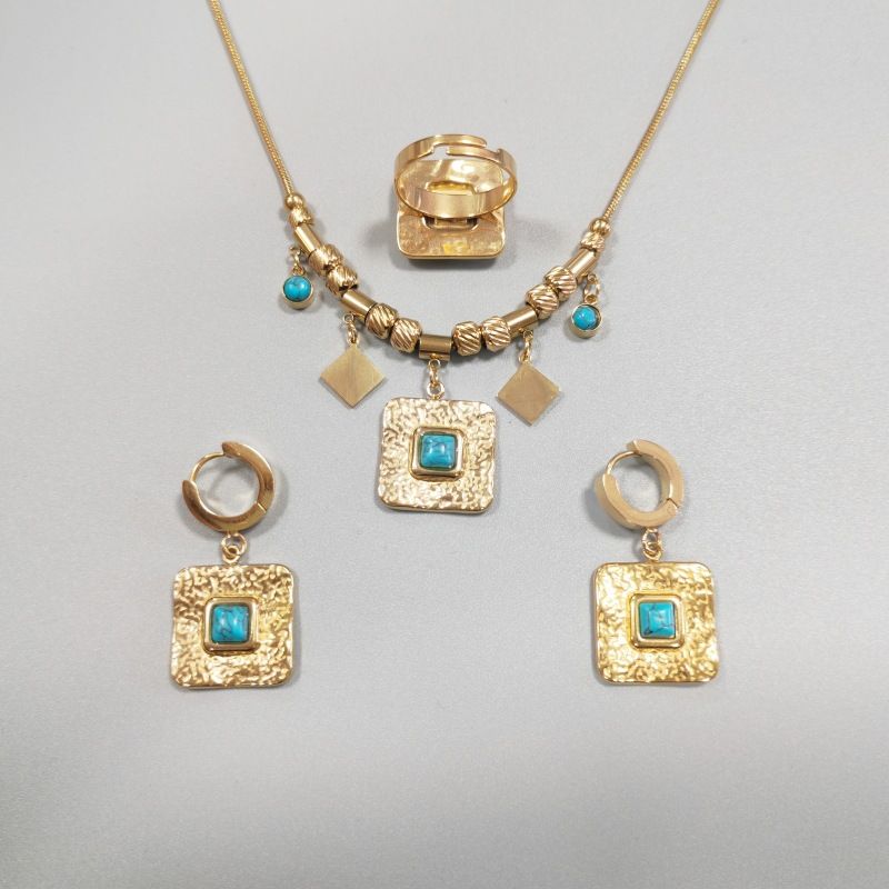 Modisches, dreiteiliges Schmuckset aus Titanstahl mit türkisfarbenem, quadratischem Anhänger_voghion.com