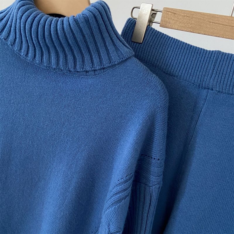 Dametøj strikkede jakkesæt, temperament, afslappet, split design, højhalset sweater, ensfarvede brede benbukser, todelt jakkesæt_voghion.com