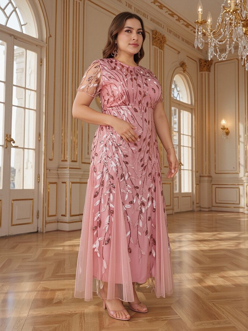 Elegante avondjurk in grote maten voor vrouwen - lange galajurk van mesh met kant en pailletten, bescheiden moslimfeestkleding (roze, 0XL-5XL)_voghion.com