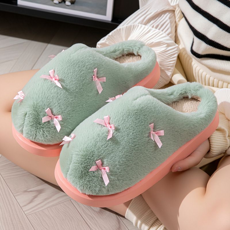 Flauschige Damen-Hausschuhe im Bowknot-Stil für den Innen- und Außenbereich im Herbst und Winter, dicke Sohle, mit Fleece gefüttert, warme Baumwollhausschuhe für Schwangere_voghion.com