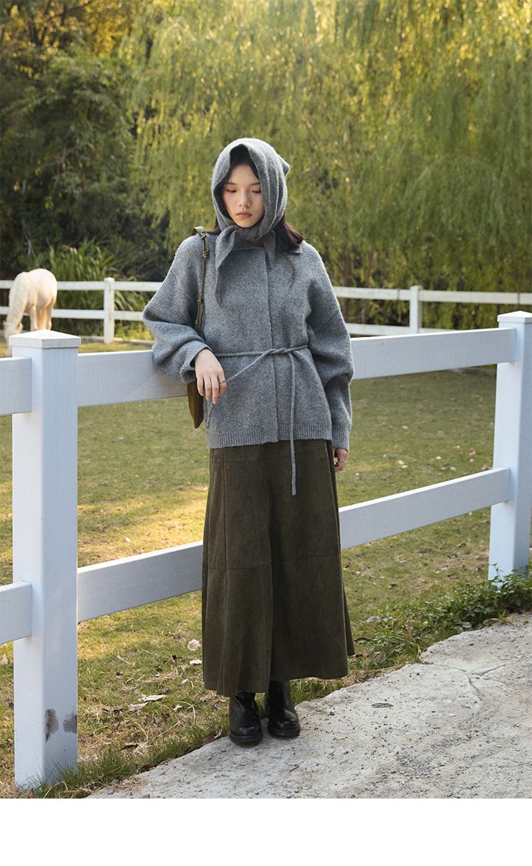 Gonna midi snellente GraceChic Simple Retro Time Machine in pelle scamosciata elegante e temperamento discreto, opaca, 02378_voghion.com