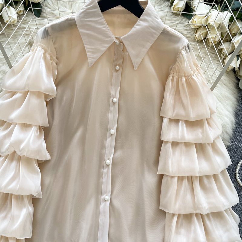 Women’s Clothing French High End Lady Layered Ruffled Long Sleeved Shirt Female Fashionable All Match Streamer Satin Top_voghion.com