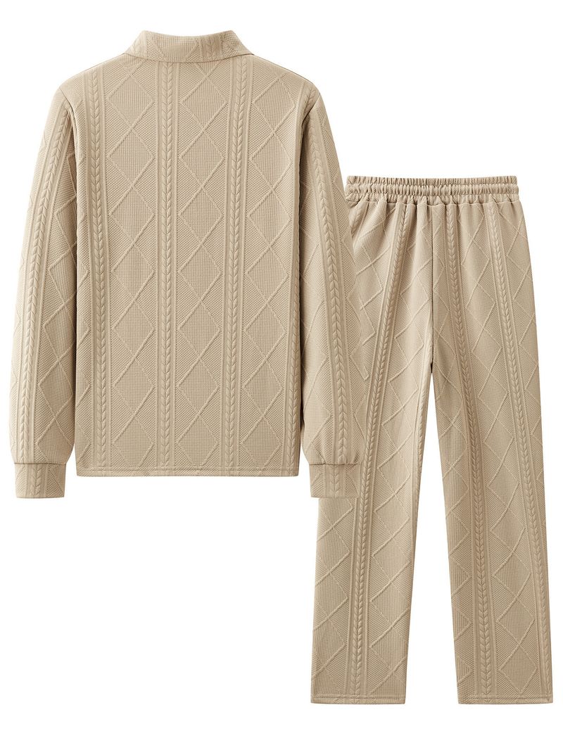 Conjunto de polo y sudadera con rayas de trigo texturizado para hombre: conjunto retro de manga larga con capas para uso informal._voghion.com