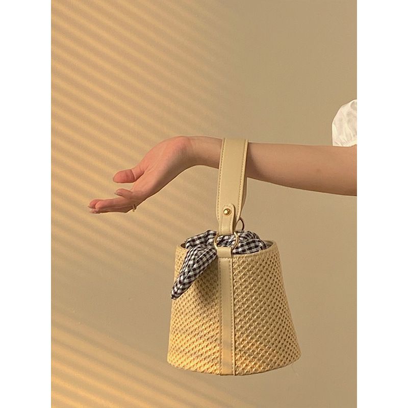 Borsa a secchiello in paglia estiva 2025, Fashion Webstar, borsa a mano con nodo personalizzata, borsa a tracolla singola da donna in tessuto intrecciato_voghion.com