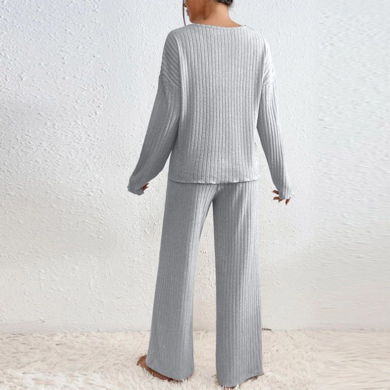 Women's Clothing Knit Two-Piece Set Casual Comfortable Straight Pants V-Neck Ribbed Top Autumn Outfit_voghion.com