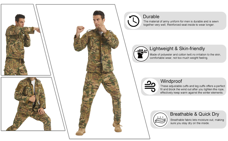 Taktisk jakke og bukser for menn, kamuflasje, jaktuniform, ACU-uniform, 2-delers sett, klesdrakt_voghion.com