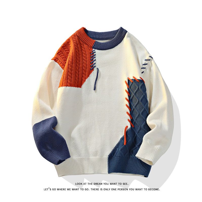 Pulls chauds pour hommes et femmes, style coréen, patchwork, col rond, tricotés, tendance, automne-hiver 2025_voghion.com