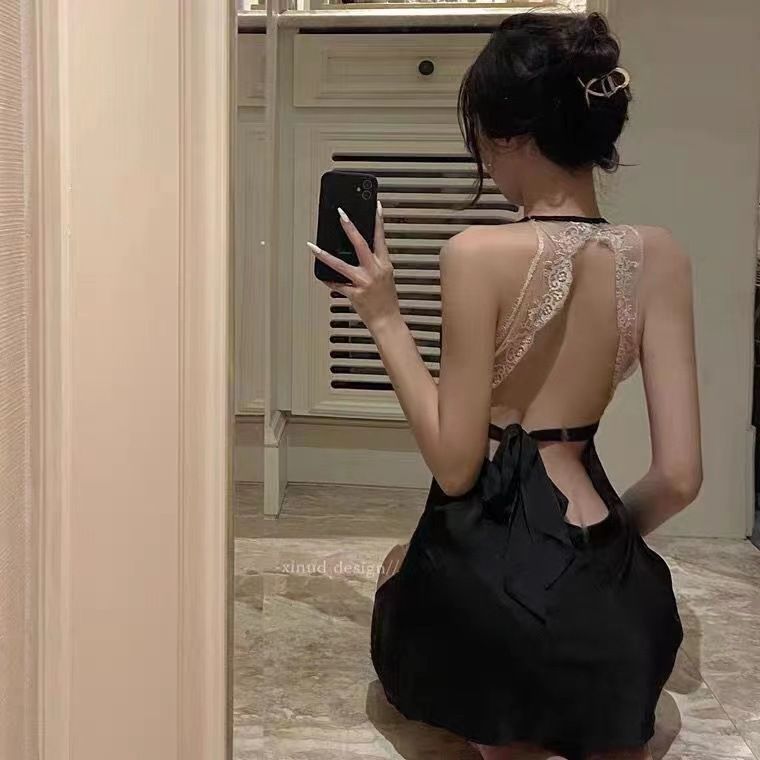 Sexy Net red pajamas women's eyelash lace hot temptation low-cut strap nightdress pure desire style sexy pajamas 3057_voghion.com