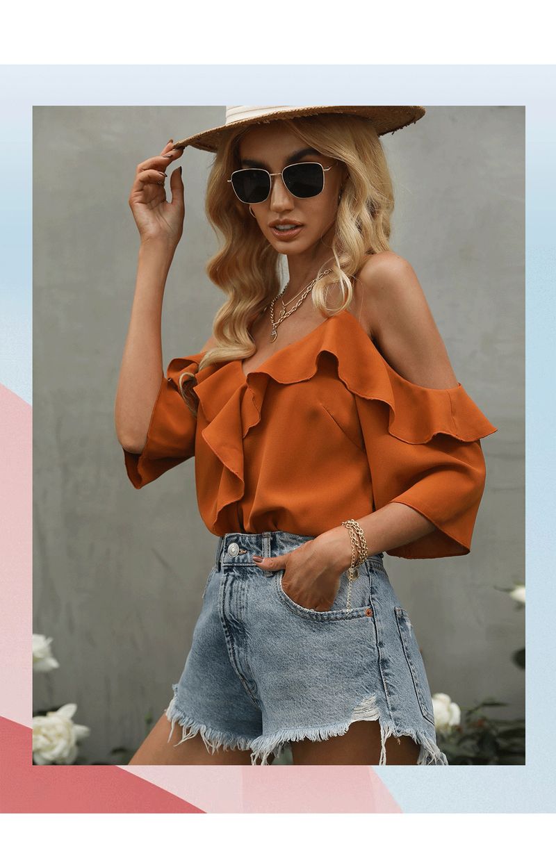 Blusa informal elegante de manga corta con cuello con volantes para mujer, de poliéster suave, transpirable y cómoda, ideal para primavera y verano._voghion.com