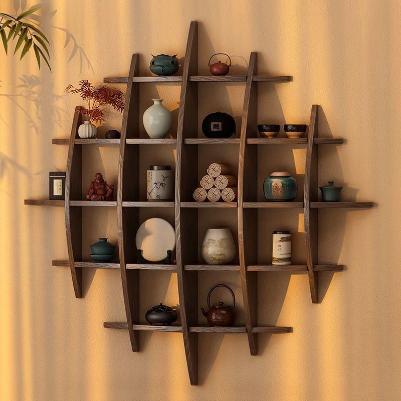 Solid Wood Storage Rack For Living Room, Cup Teapot And Tea Set Rack, Wall-Mounted Chinese Style Multi-Treasure Cabinet_voghion.com