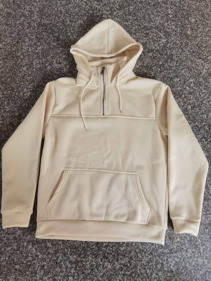 Herren-Fleece-Kapuzenpullover mit halbem Reißverschluss – Locker sitzendes Sweatshirt im amerikanischen Retro-Stil mit Stehkragen (S-XXXL, Kängurutasche, einfarbig)_voghion.com