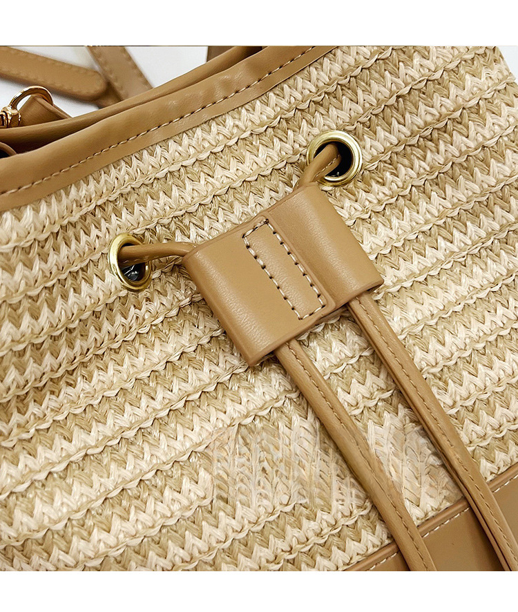 Borsa a secchiello da donna in paglia PU, versatile, estiva, per le vacanze in spiaggia, 2024_voghion.com
