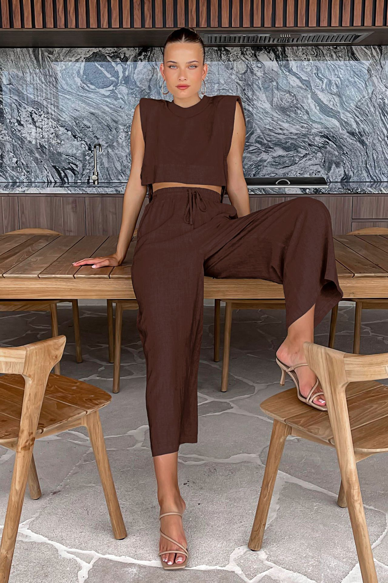 Moda feminina ombro almofada sem mangas blusa e calças de duas peças casual moda algodão linho terno_voghion.com
