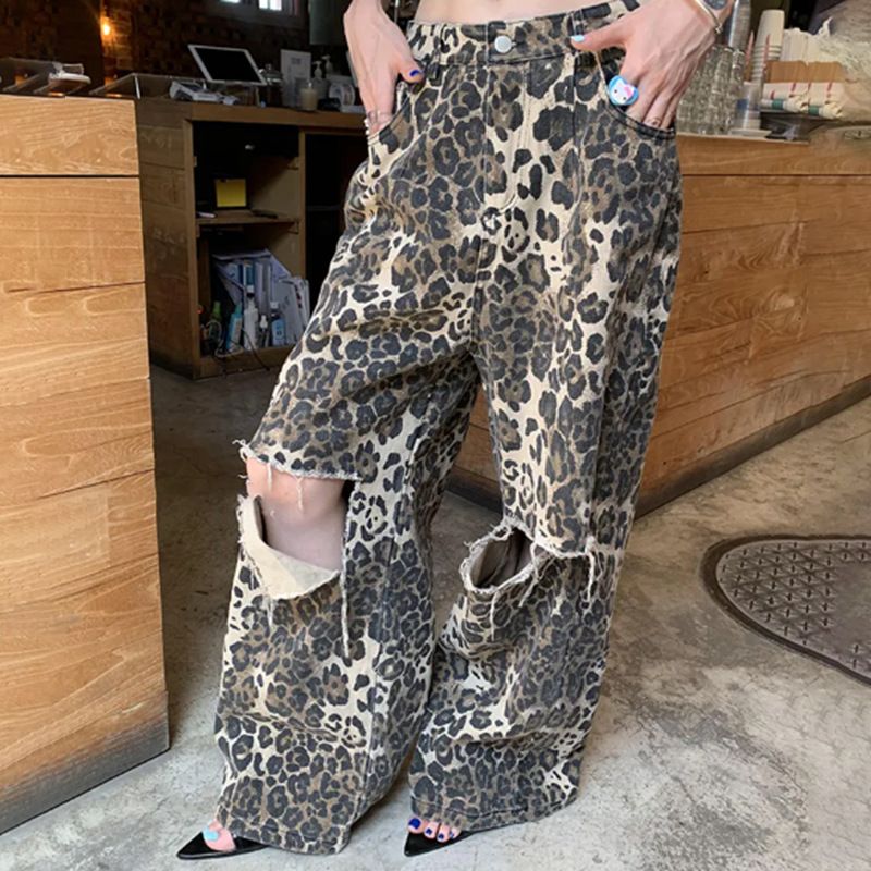 Women's clothing New American Retro Leopard Print High Waist Slim Straight Pants Niche Design Ripped Jeans_voghion.com