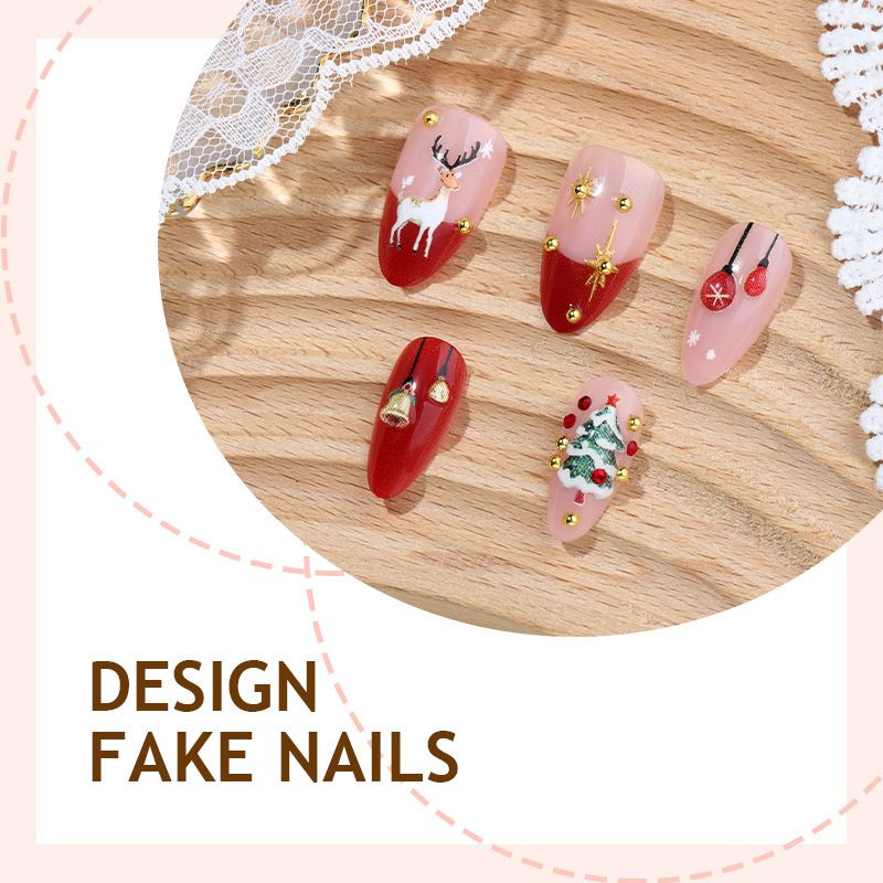 Ongles décoratifs de haute qualité en forme d'amande, motif sapin de Noël et élan 3D, entièrement faits main._voghion.com