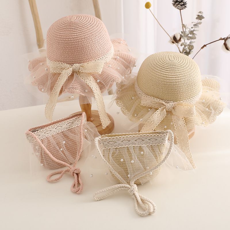 Moda Bambini Ragazze Tesa Larga Paglia Intrecciata Protezione Solare Cappello da Spiaggia Pizzo Perla Estate Floppy Bucket Cap Borsa Portatile панама_voghion.com