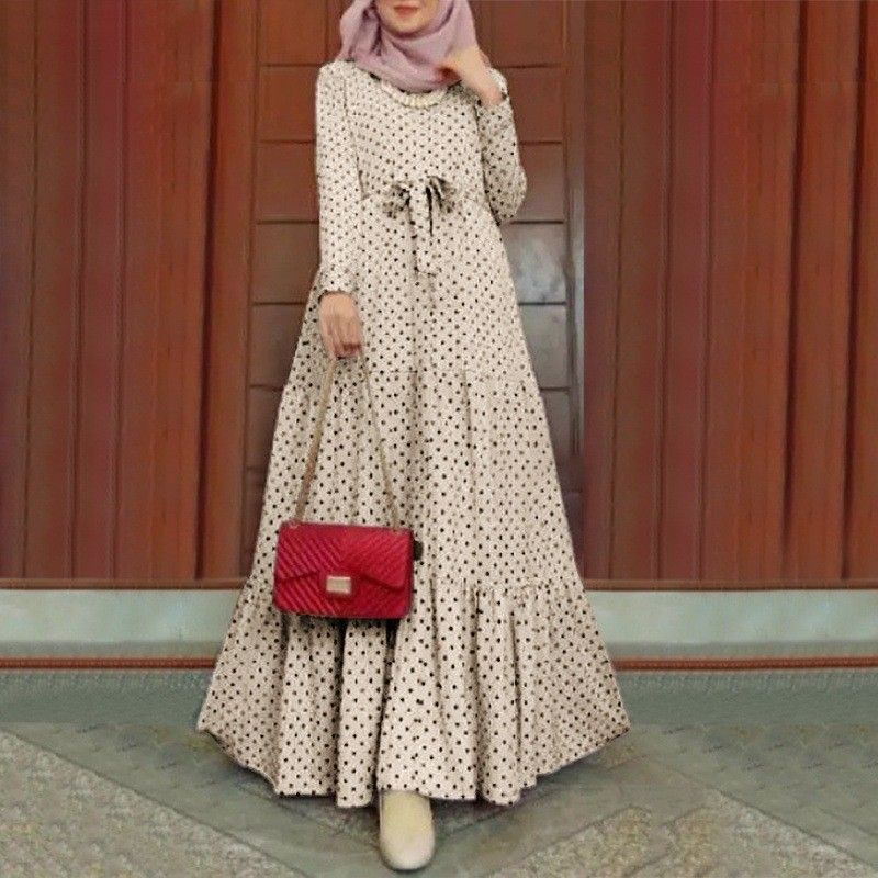 New Muslim Moroccan polka dot long sleeved dress with fashionable waistband, sun dress, party robe_voghion.com