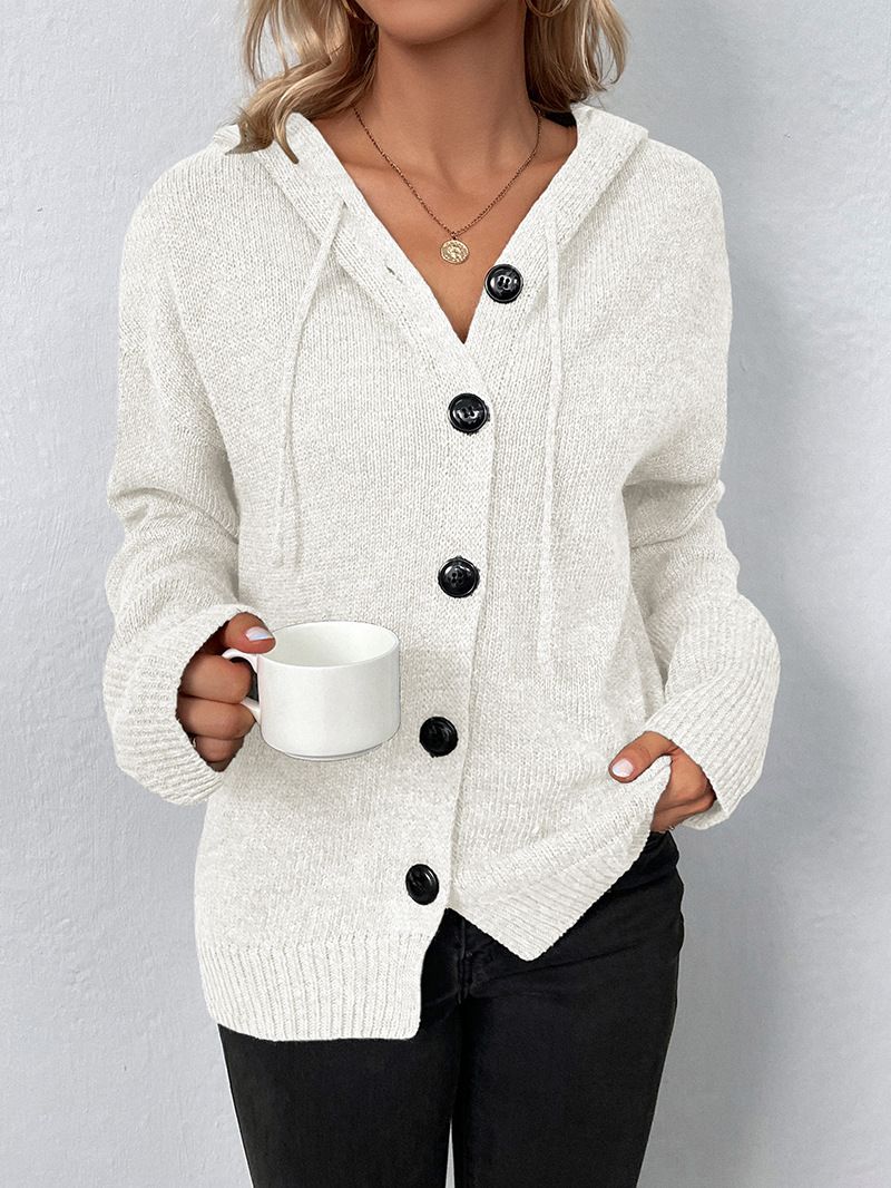Women's Hooded Cardigan Sweater, Polyester Knit Zip-Up Open Front Coat With Drawstring, Casual Streetwear For Autumn Winter, Grey/White/Black_voghion.com