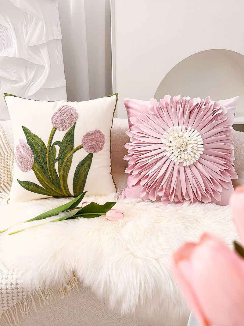 Fodera per cuscino floreale nordico - Fodera per cuscino in tela stampata con tulipani e margherite per divano/letto (45x45 cm)_voghion.com
