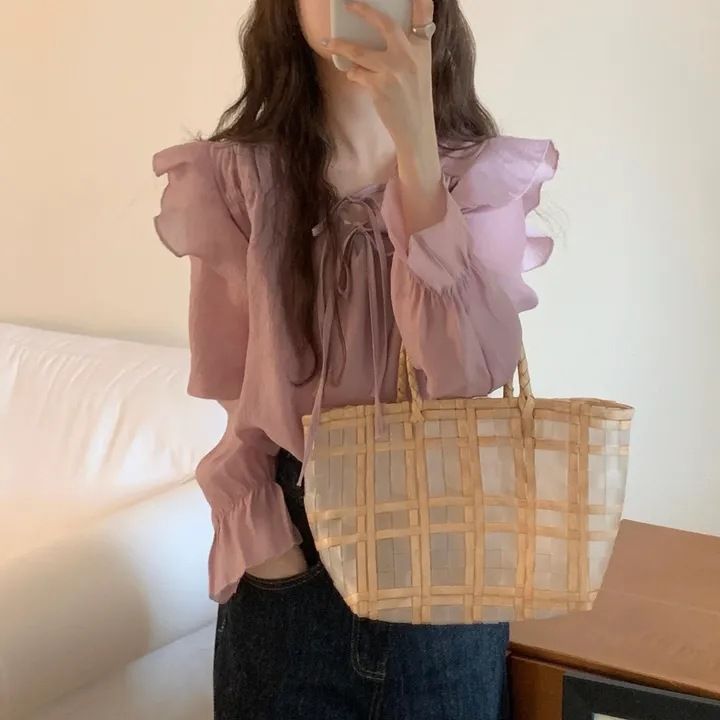 Korean Chic 2024 Spring/Summer New Style Loose Fungal Edge Strap Gentle and Sweet Temperament Purple Top Shirt_voghion.com