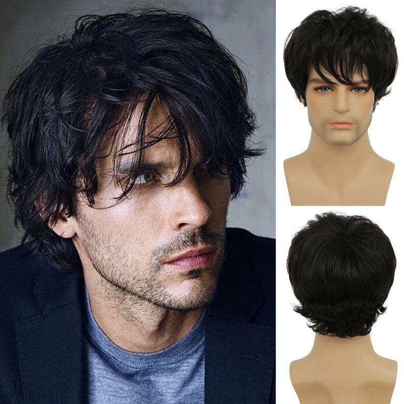 Perruque synthétique à clipser pour homme, noire, courte, avec frange duveteuse et queue de cheval inversée_voghion.com