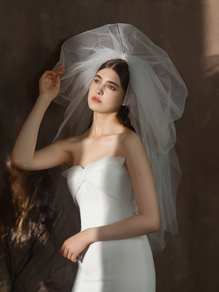 Velo gonfio pieghettato da donna coreano bianco a più strati a forma di fotografia oggetti di scena copricapo da sposa da sposa_voghion.com