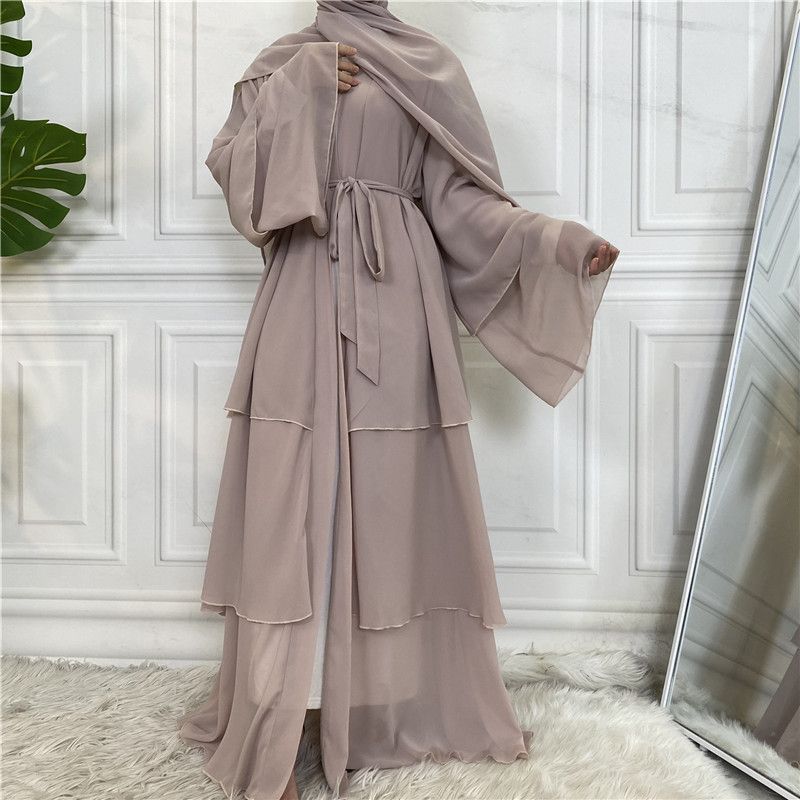 Women's Middle Eastern fashion classic Islamic Dubai new three-layer chiffon cardigan robe _voghion.com