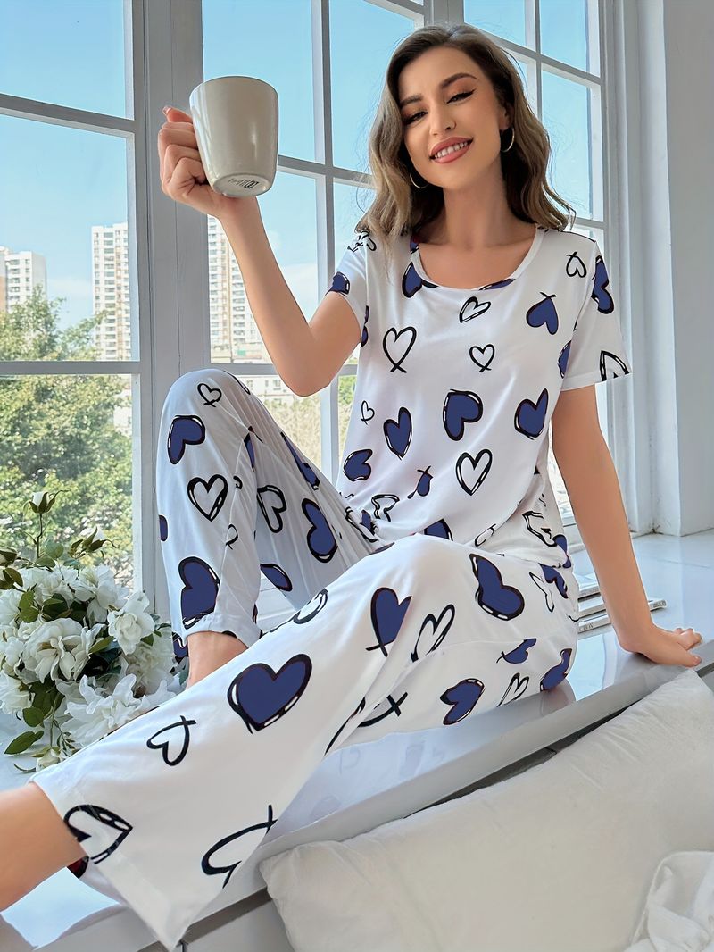 Damen-Nachtwäsche-Set, lässig, bequem, Milchseide, bedruckt, mit Liebesmotiv, kurze Ärmel, lange Hosen_voghion.com
