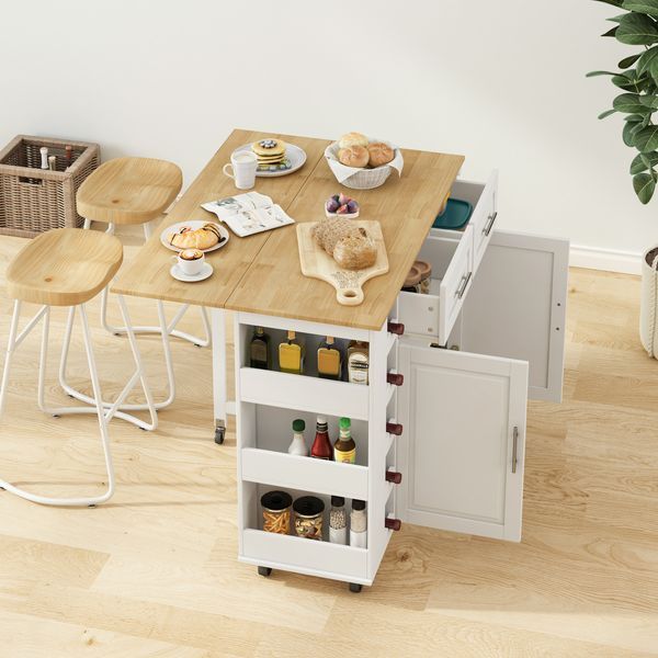 Multi-Functional Kitchen Island Cart With 2 Door Cabinet And Two Drawers,Spice Rack, Towel Holder, Wine Rack, And Foldable Rubberwood Table Top_voghion.com