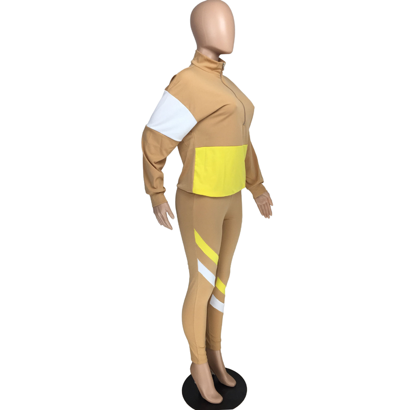 Zweiteiliger Freizeit-Sportanzug für Damen im Farb-Patchwork-Design_voghion.com