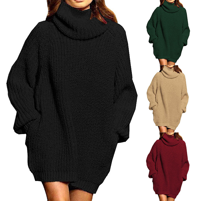 Women's autumn and winter fashion long sleeve turtle neck ladies long knit dress women's dress_voghion.com