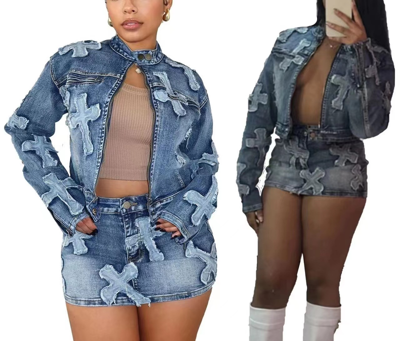 Dameskleding Herfstmode voor dames Boutique Denim Jeans Designer Tweedelige rok en jasje_voghion.com