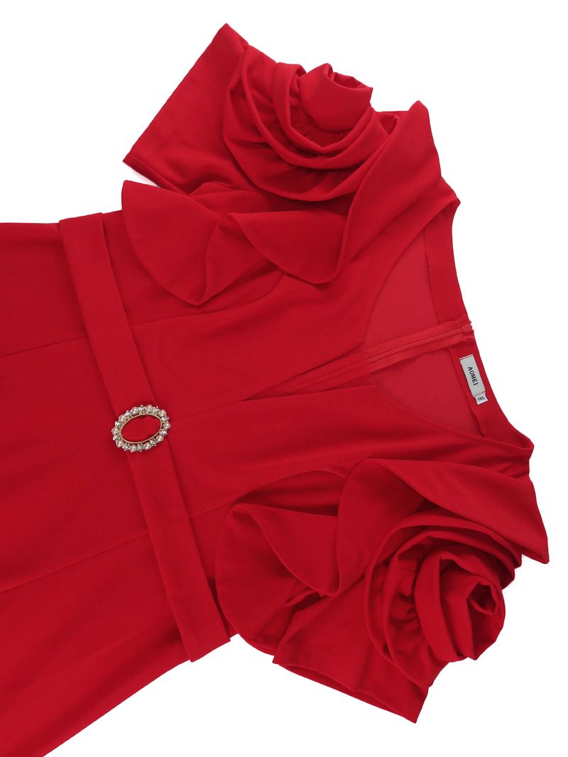 Plus Size Elegant Split Sleeve Party Dress – Belted Wrap Design, Stretchy Polyester, Red (S-1XL, Mid-Length, Flattering A-Line Cut)_voghion.com