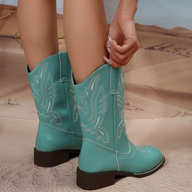 Neue winterbraune Vintage bestickte Western-Cowboystiefel mit klobigem Absatz und V-Ausschnitt_voghion.com