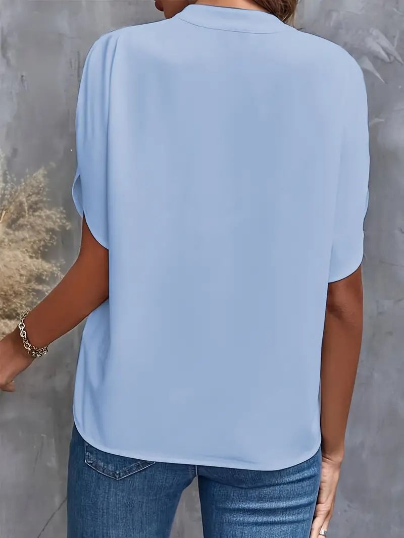 Maglione a maniche corte europeo e americano casual versatile da donna solido da ufficio, bellezza, maglietta da donna con scollo a V_voghion.com