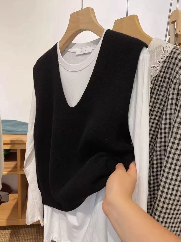 Gestreifter Strickpullover mit V-Ausschnitt für Damen, einfarbig, ärmellos, Weste für Damen_voghion.com