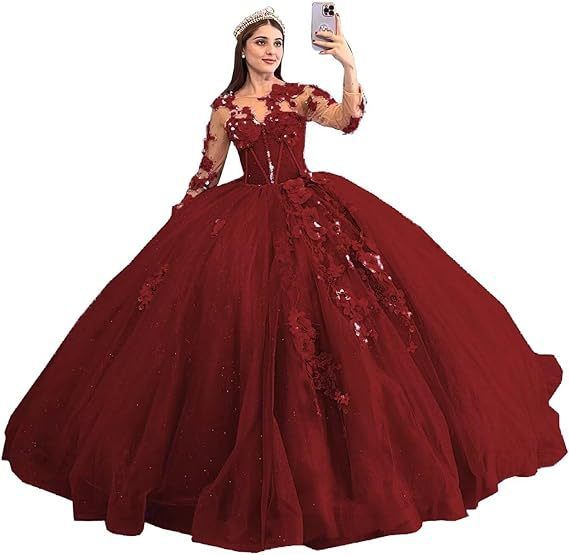 Ballkleid mit floraler Illusion und Perlendetails – Langärmliges A-Linien-Abendkleid für Abschlussbälle und Bankette (14 Farben) – US 0-28W_voghion.com
