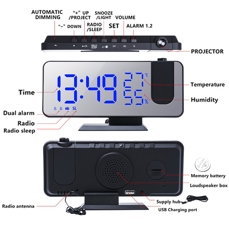 FM Radio LED Digital Smart Wecker Uhr Tisch Elektronische Desktop Uhren USB Wake Up Uhr Mit 180 ° Zeit Projektion Snooze_voghion.com