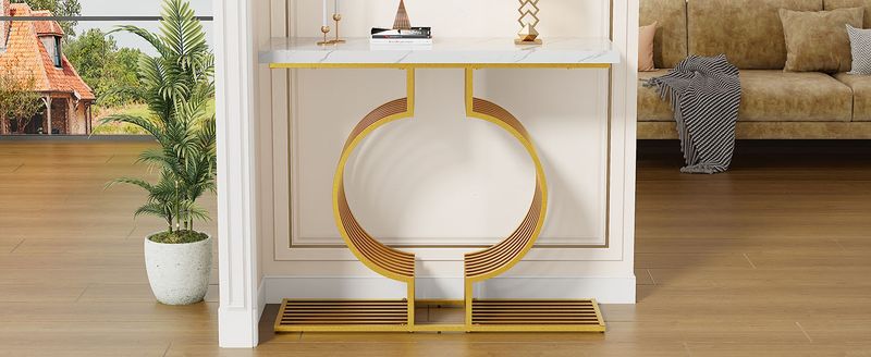 Table basse moderne minimaliste blanche brillante 100 x 35 x 80 cm, table d'appoint de salon avec pieds dorés, console, configuration double._voghion.com