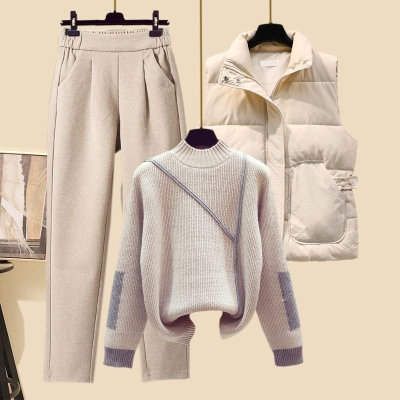 Women's Clothing Suits Thickened Vest High Collar Knitted Sweater Carrot Pants Three Piece Suit_voghion.com