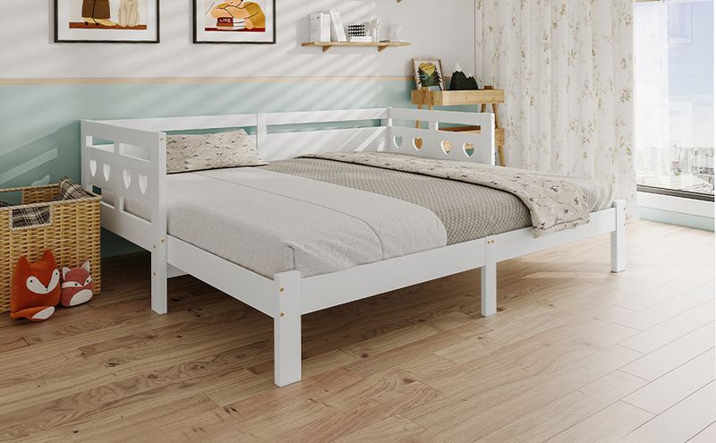 Tagesbett 90x200cm Ausziehbar, Massivkiefer, Mit Rollrost Herzform, Weiß_voghion.com