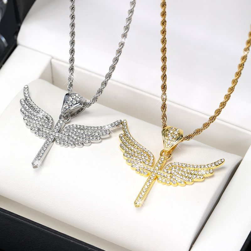 Collana con croce ad ala, in lega di diamanti con strass, catena in acciaio al titanio e personalità alla moda_voghion.com