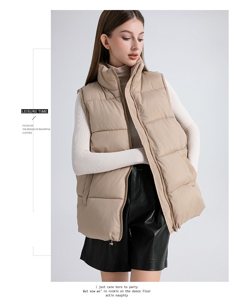 Unisex Longline Puffer Vest – Wintermode Mouwloos Jasje, Opstaande Kraag & Oversized Pasvorm (Zwart, Beige, Khaki, Bruin, Legergroen, Roze)_voghion.com