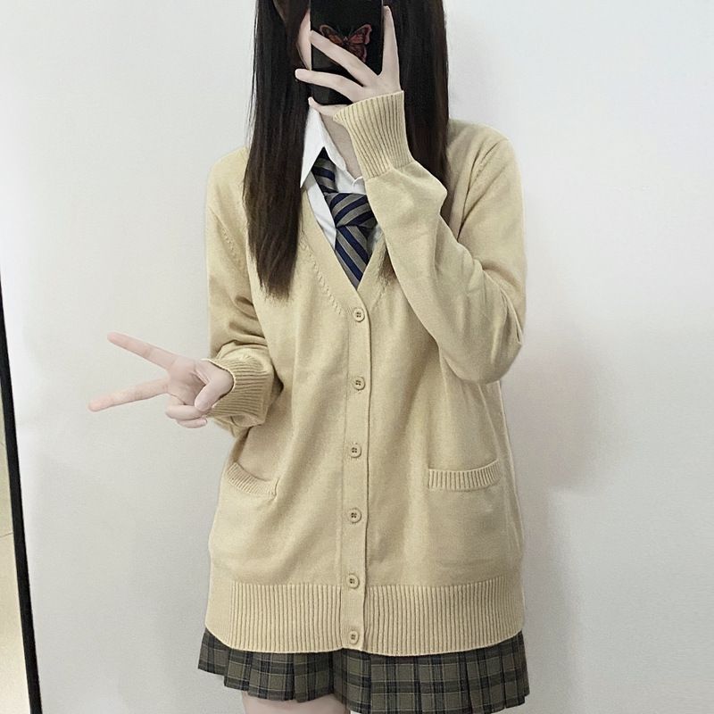 Japanese Style JK Cardigan Sweater For Women - Vintage School Uniform Inspired Long Sleeve Knit Top, Loose Fit V-Neck Open Front Coat_voghion.com