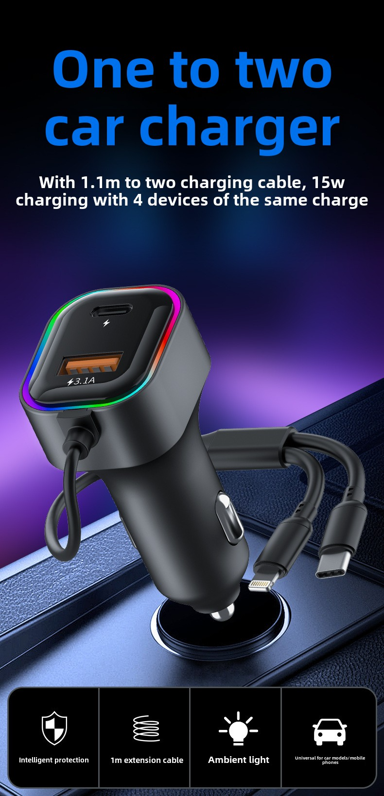 USB Eins Zu Zwei Mit Kabel Ladegerät, Multifunktionale Auto Telefon Ladegerät_voghion.com