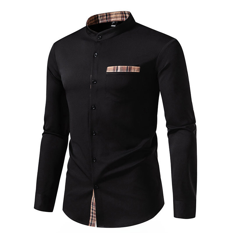 Camicie da uomo, camicie Henry da uomo con colletto rialzato, camicie a maniche lunghe a blocchi di colore a quadri all'ingrosso_voghion.com
