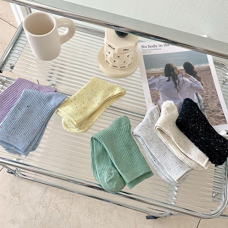 Women's & Men's Cotton Mid-Crew Socks With Soft Breathable Fabric, Solid Color & Starry Dot Design, Double Needle Stitching For All Seasons_voghion.com