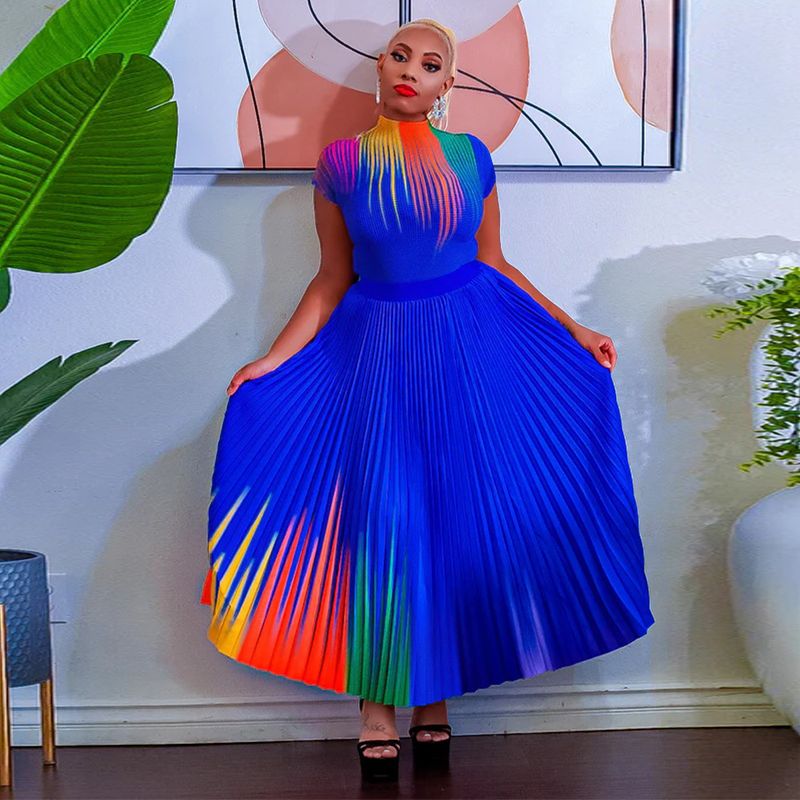 Ženska obleka z okroglim izrezom in kratkimi rokavi, potiskanim nagubanim krilom_voghion.com