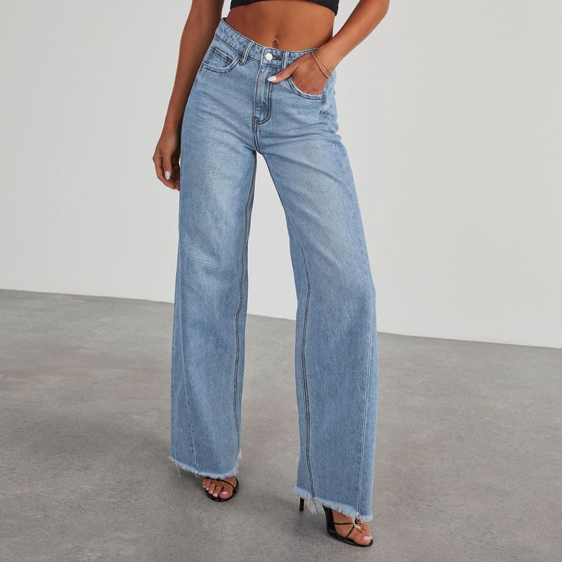 Jeans a gamba dritta e rilassati da donna - Pantaloni a gamba larga a vita alta con lavaggio classico per abbigliamento casual e da ufficio_voghion.com