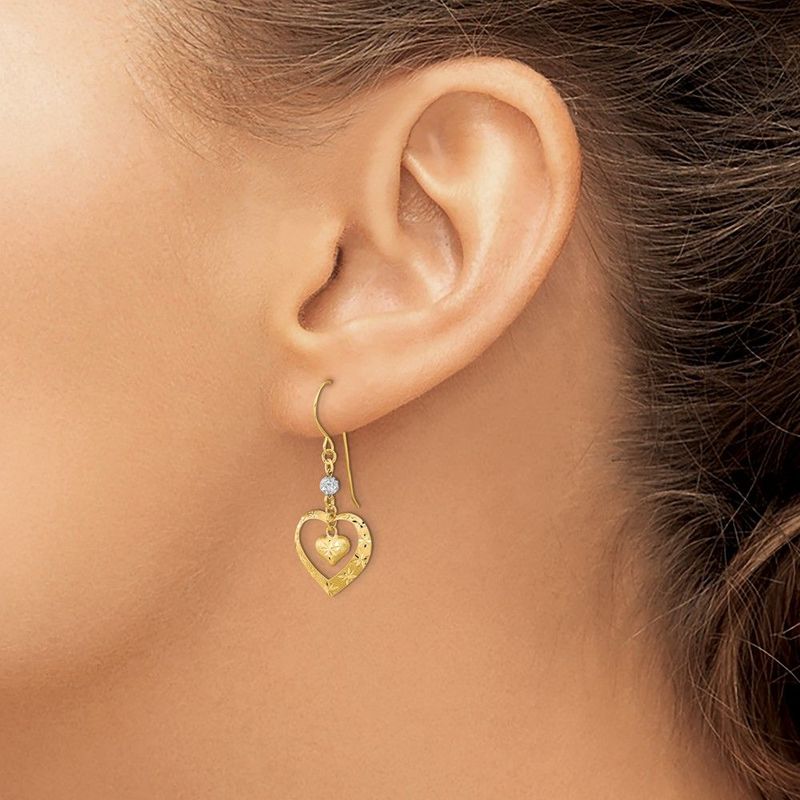 14k Two-tone Satin D/C Heart Dangle Shepherd Hook Earrings_voghion.com